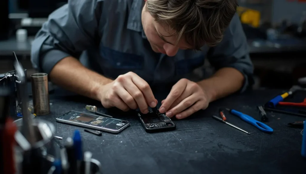 Uma imagem do blog Melhores Cursos de Manutenção de Celular de  um Técnico consertando celular na mesa 